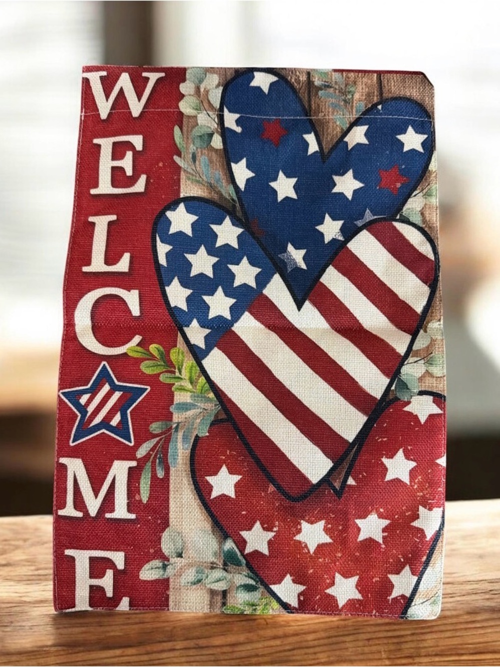 Welcome Hearts Canvas Garden Flag  - Red & Blue